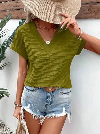 Textured Solid Color Short Sleeve Top Olive