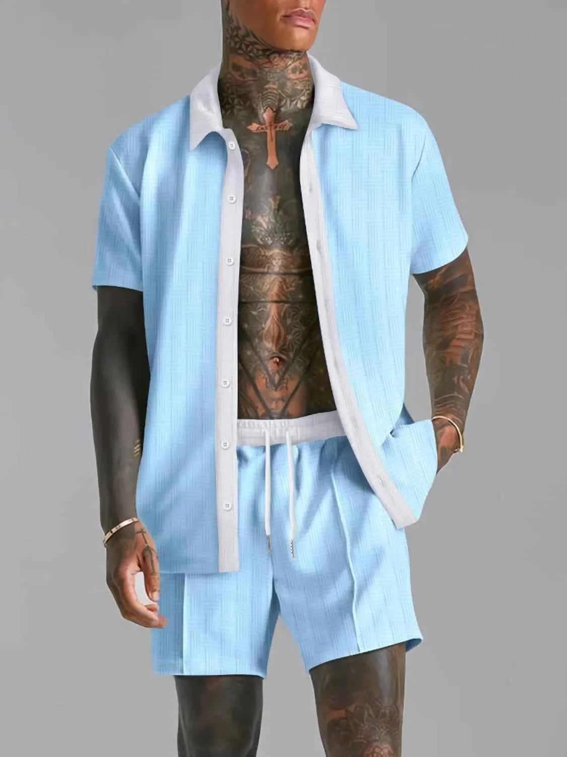 Men's Full Size Collared Neck Short Sleeve Top and Shorts Set Plus Size