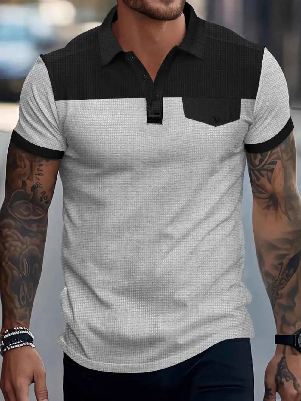 Men's Full Size Waffle-Knit Collared Contrast Polo Plus Size