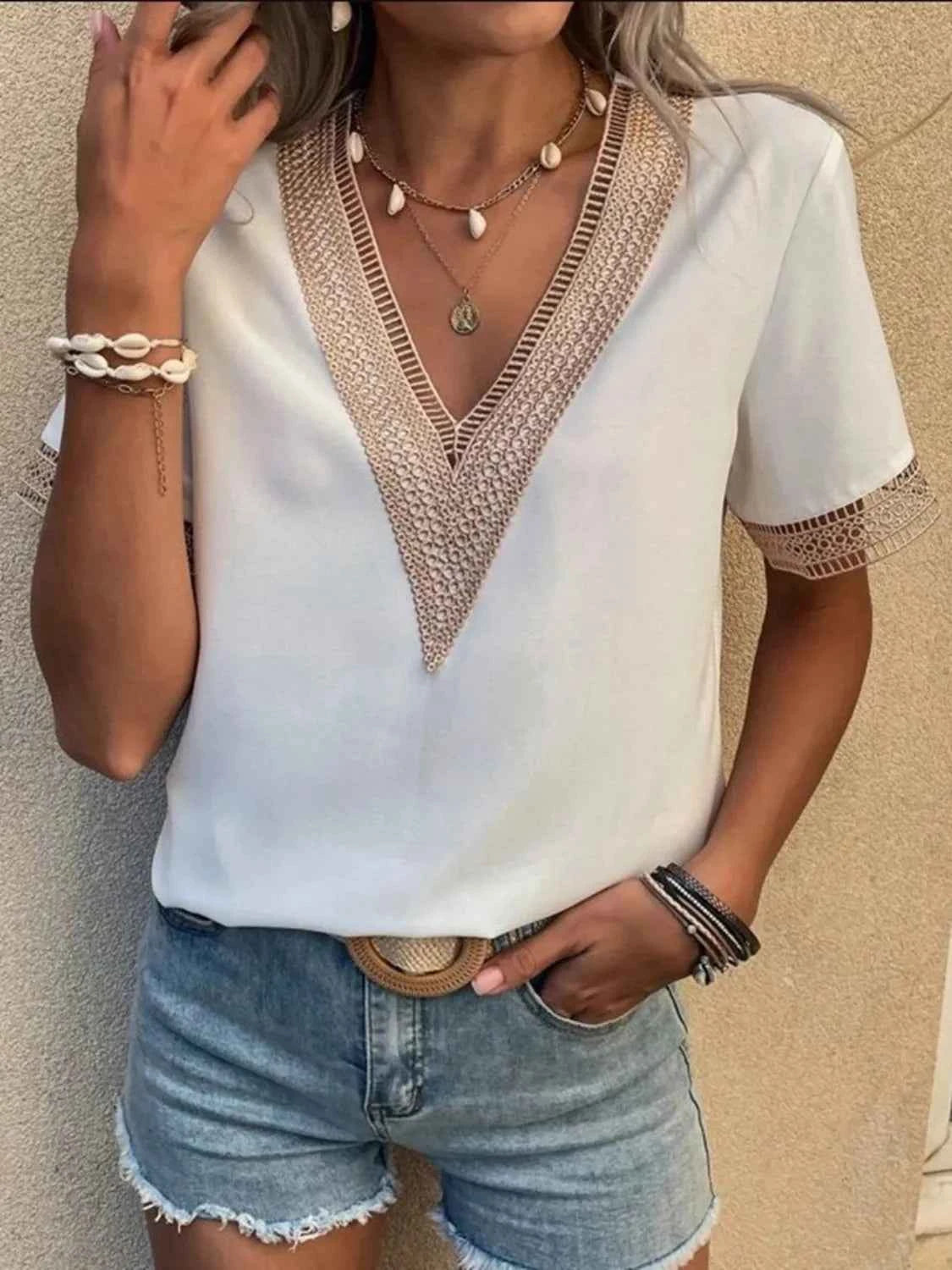 Full Size V-Neck Short Sleeve Blouse Plus Size White