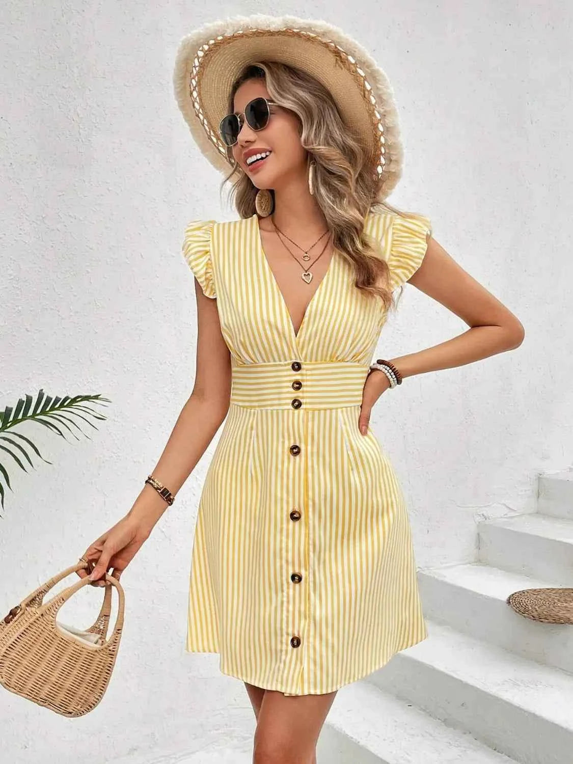 Striped Button Front Cap Sleeve Dress