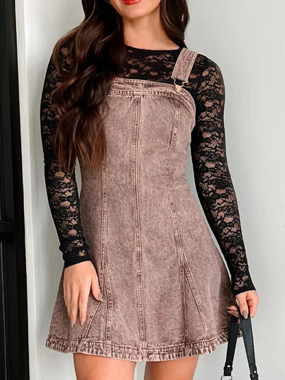 Square Neck Wide Strap Denim Dress Mocha