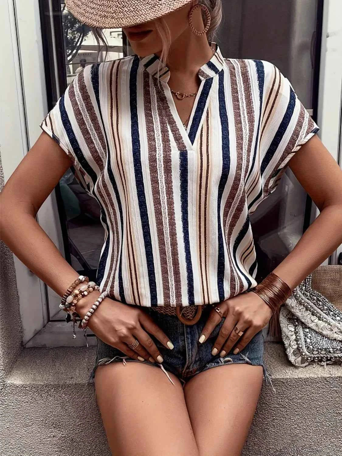 Striped Notched Short Sleeve Shirt