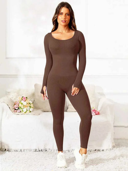 Scoop Neck Long Sleeve Active Jumpsuit Brown