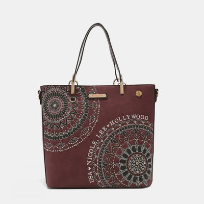 Nicole Lee USA Metallic Stitching Embroidery Inlaid Rhinestone Tote Bag Wine One Size