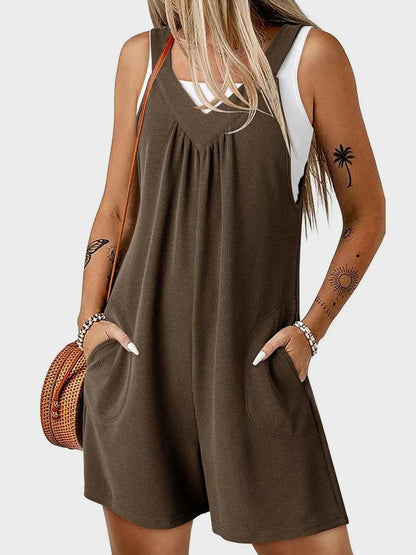 V-Neck Wide Strap Romper Coffee Brown