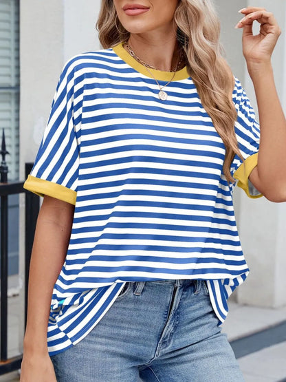 Striped Round Neck Half Sleeve T-Shirt Blue White