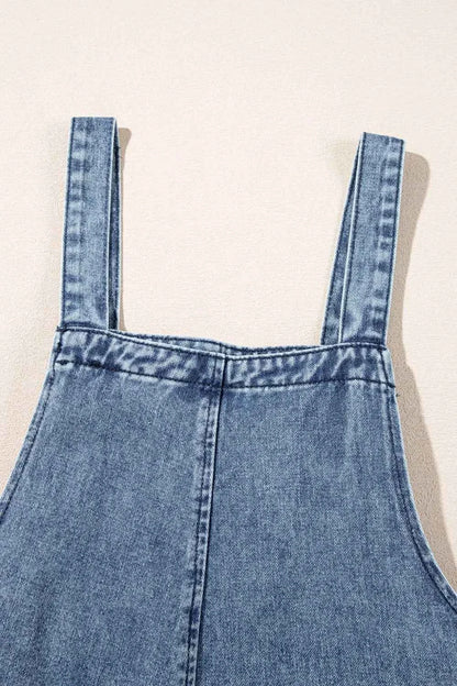 Distressed Bib Pocket Wide Leg Denim Overalls