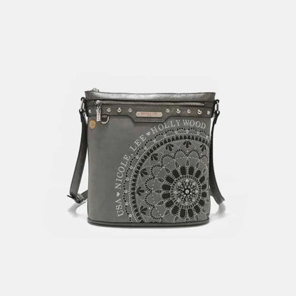Nicole Lee USA Metallic Stitching Embroidery Inlaid Rhinestone Crossbody Bag Gray One Size