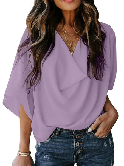 Full Size Ruched Three-Quarter Sleeve Blouse Plus Size Pink Purple