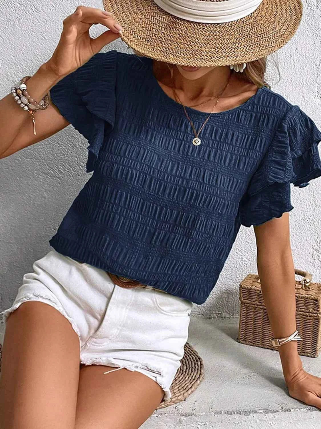 Round Neck Ruffled Short Sleeve Top