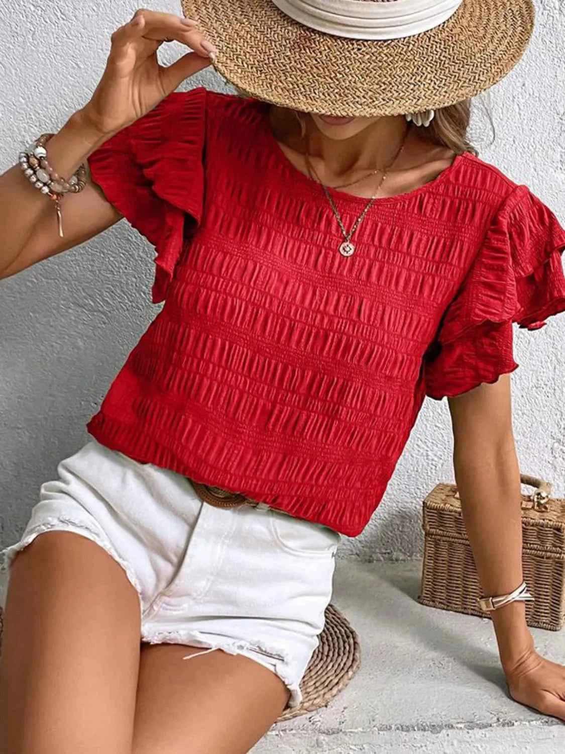 Round Neck Ruffled Short Sleeve Top