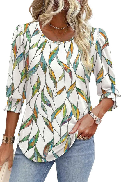 Printed Round Neck Three-Quarter Sleeve Blouse