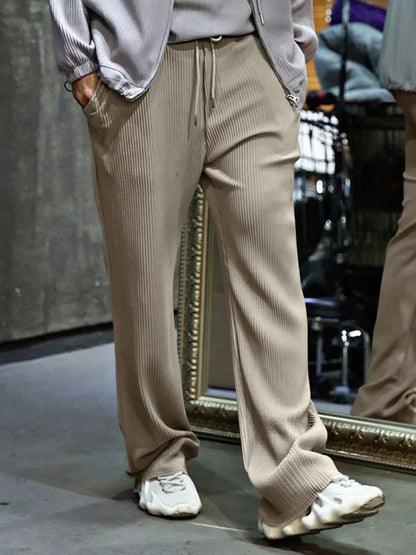 Men's Full Size Ribbed Drawstring Wide Leg Pants with Plus Size Khaki