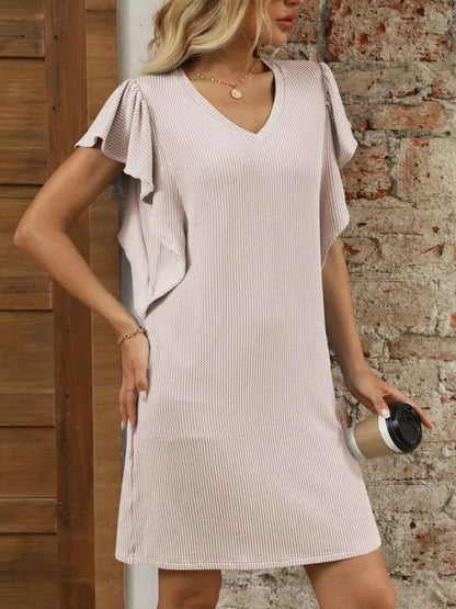 Ruffled V-Neck Cap Sleeve Mini Dress