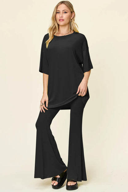 Double Take Full Size Round Neck Drop Shoulder T-Shirt and Flare Pants Set Black