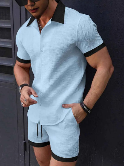 Men's Button Up Short Sleeve Shirt and Shorts Set Light Blue