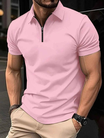 Men's Full Size Collared Neck Short Sleeve Polo Plus Size Dusty Pink