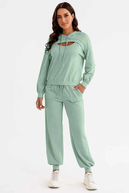Cutout Drawstring Hoodie and Joggers Active Set