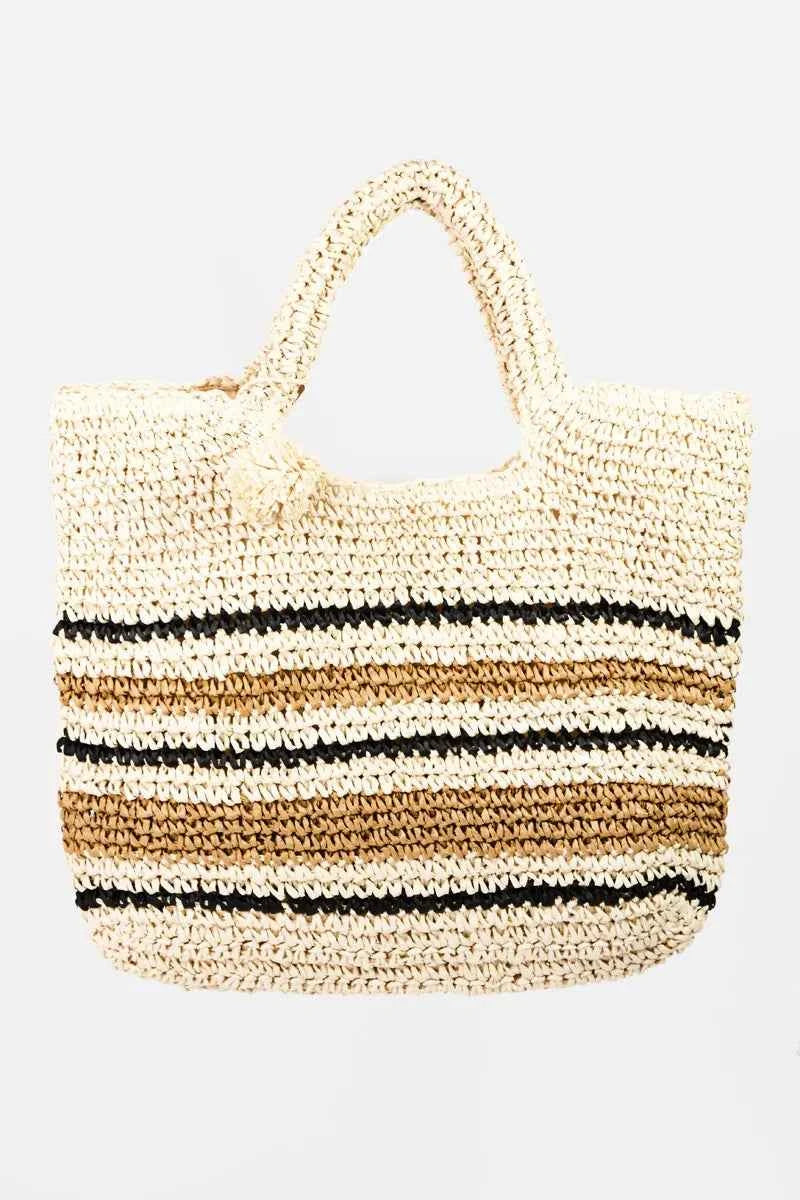 Fame Striped Straw Braided Tote Bag