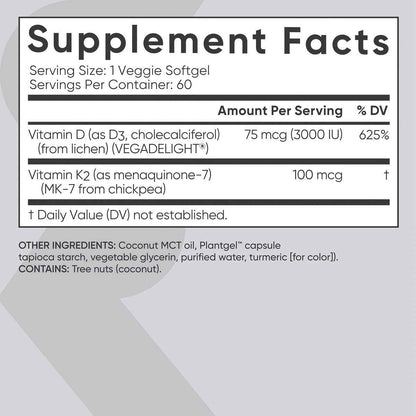 Plant-Powered D3+K2 Softgels - Strengthen Bones & Boost Immunity - 60 Vegan Capsules