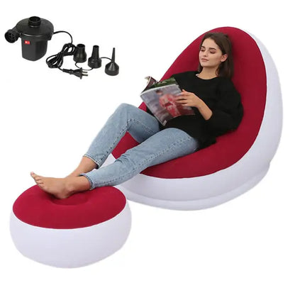 Inflatable Air Mattress Lazy Sofa Deck Chair Comfortable Leg Stool Rest Single Beanbag for home and Outdoor Use Red