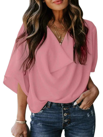 Full Size Ruched Three-Quarter Sleeve Blouse Plus Size Pink