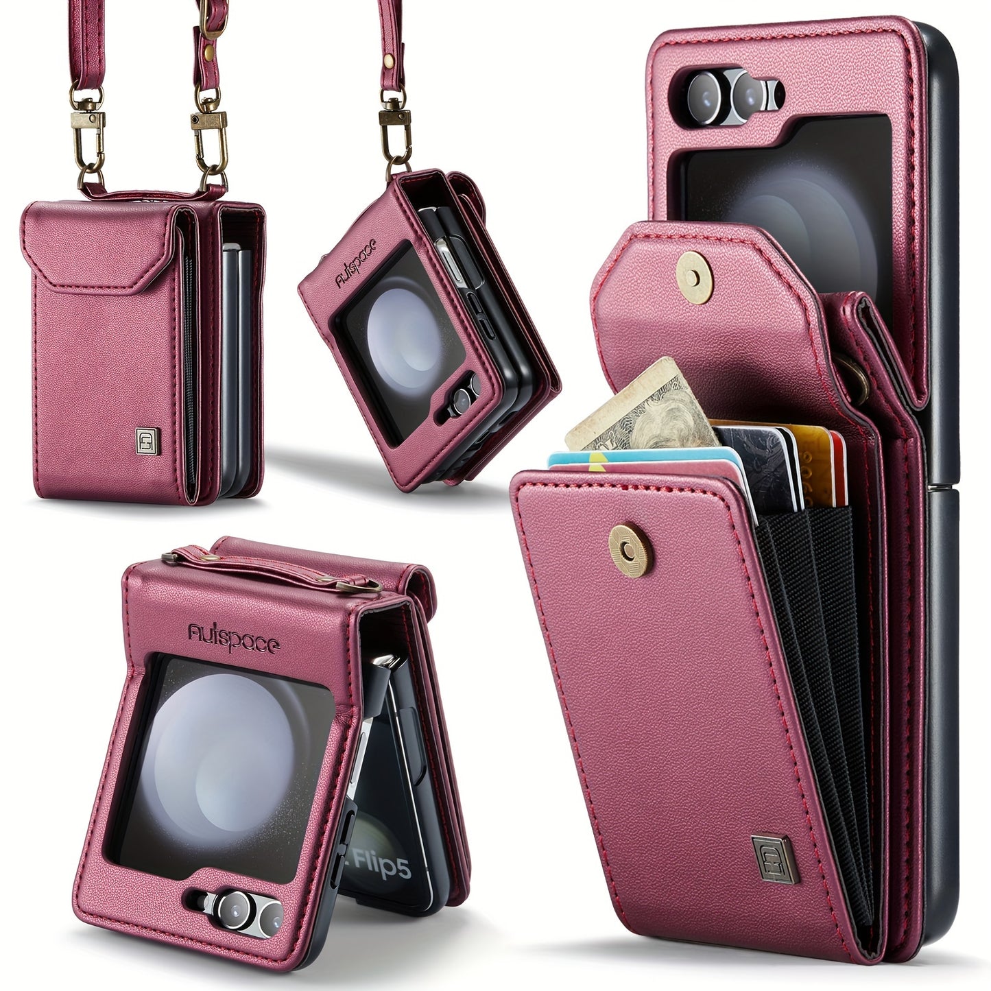 Crossbody Case for Samsung Galaxy Z Flip 3/4/5 - Vintage Faux Leather Strap, Magnetic Closure & Card Holder - Unisex Design in Black Burgundy
