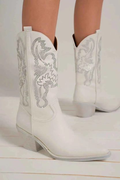 Beast Fashion Rhinestone Detail Point Toe Boots White