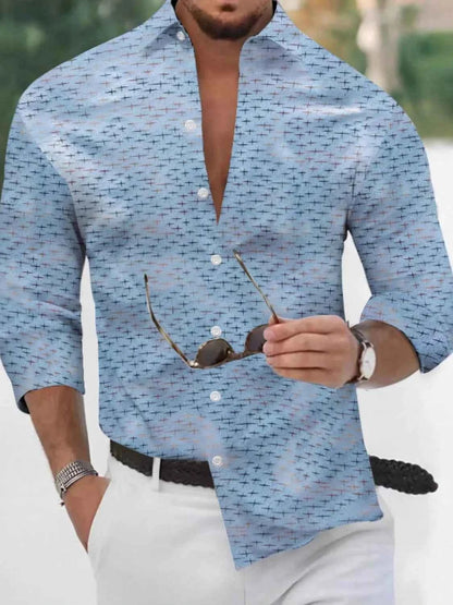 Men's Full Size Collared Neck Long Sleeve Shirt Plus Size Light Blue