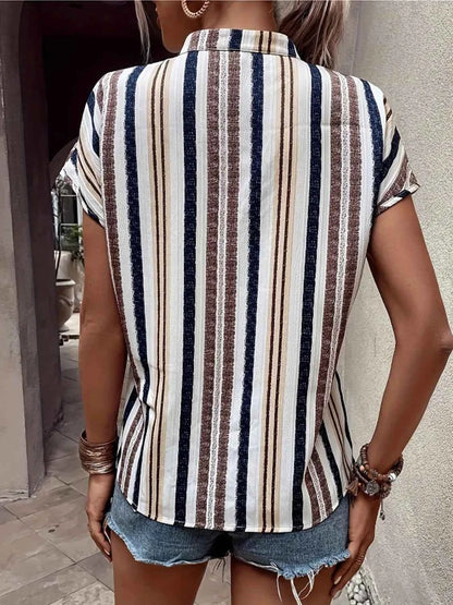 Striped Notched Short Sleeve Shirt