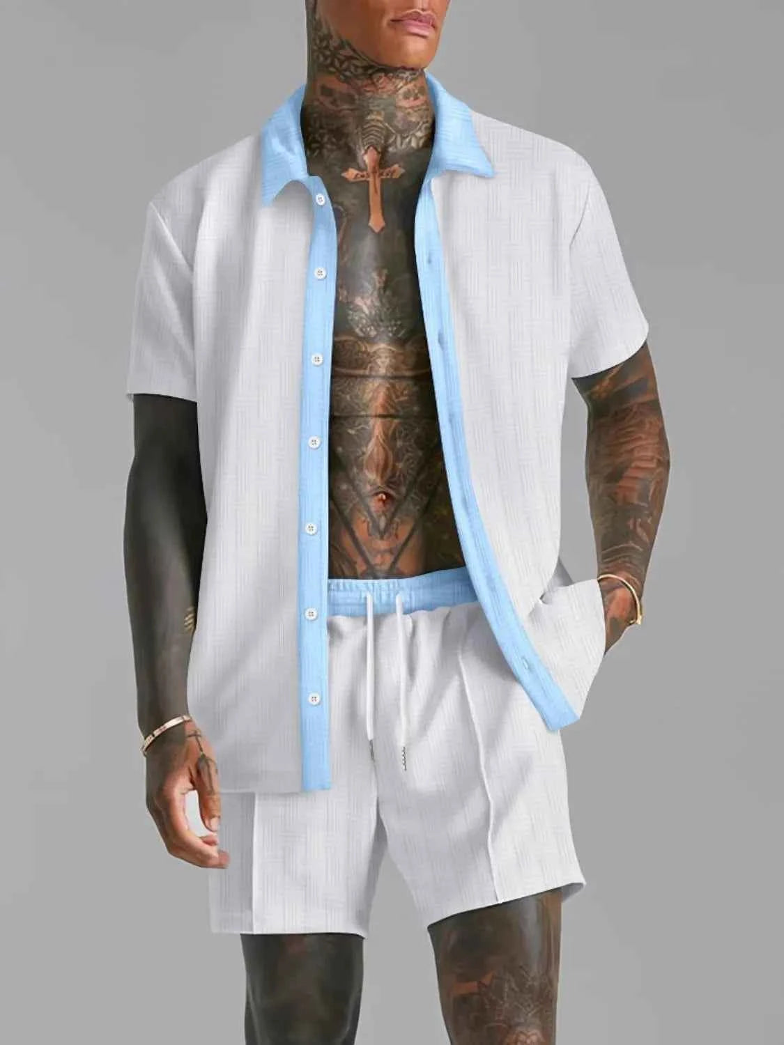 Men's Full Size Collared Neck Short Sleeve Top and Shorts Set Plus Size