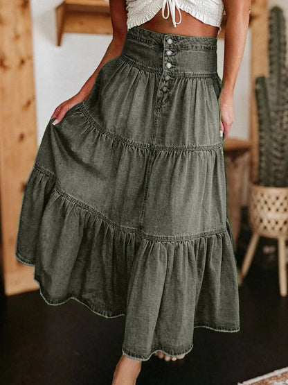 Ruched Button Fly Denim Skirt Army Green