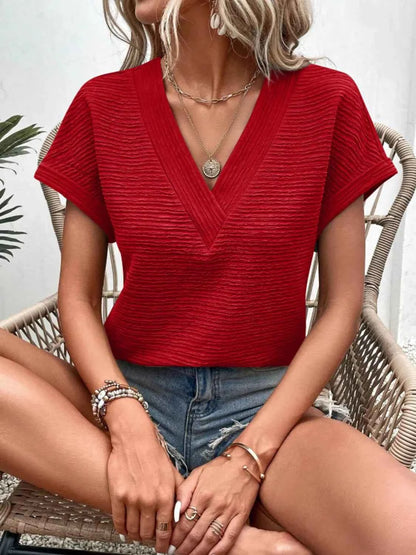 Textured Solid Color Short Sleeve Top Scarlet