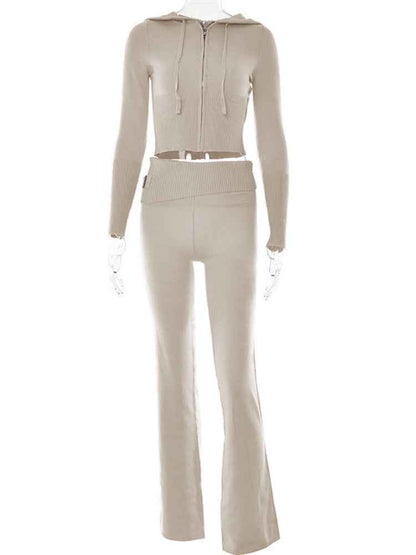 Knitted Hooded Suits for Women - High-Waist Long-Sleeves Trousers Two-Piece Set Beige Suit