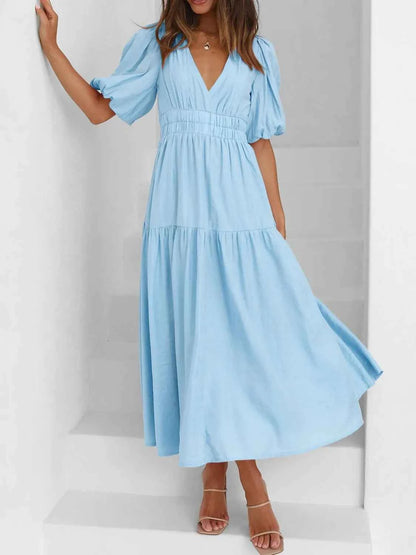 V-Neck Puff Sleeve Midi Dress Light Blue
