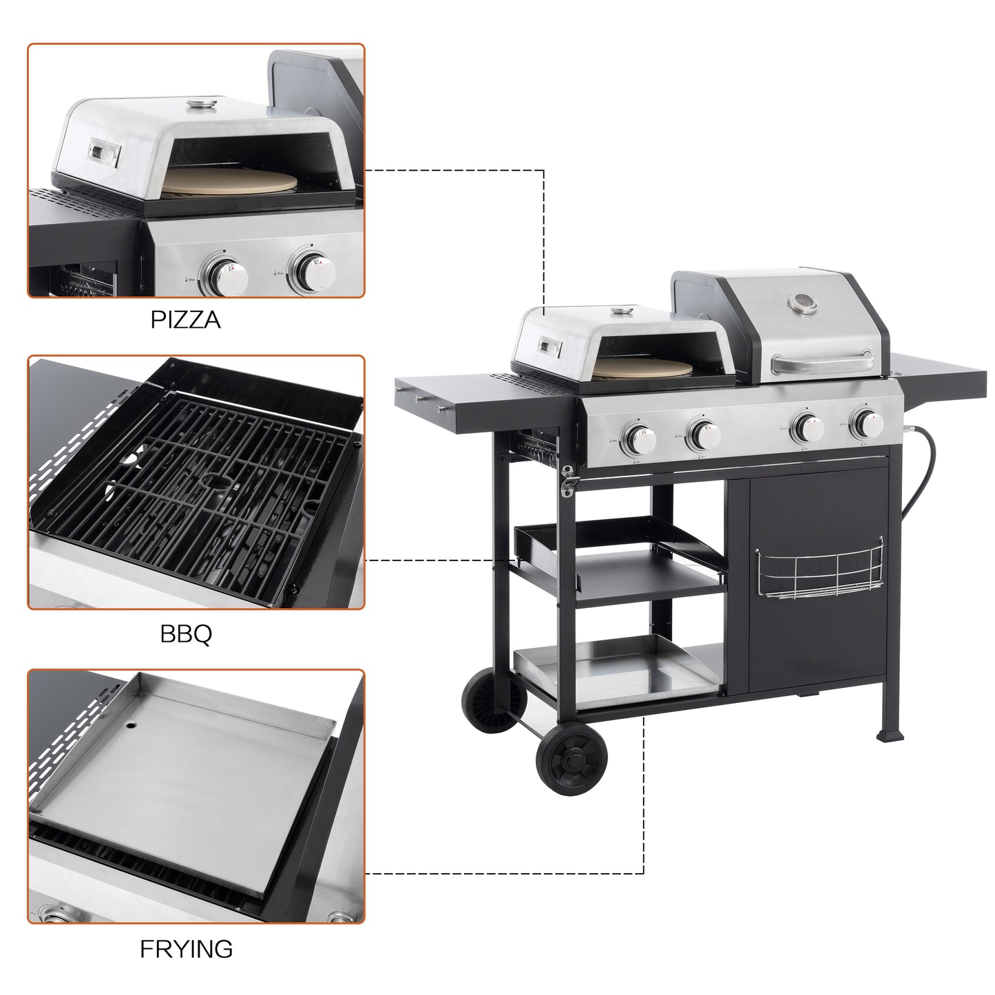 Multi Function Burner Gas Grill Barbecue Frying Pizza Covered Combination