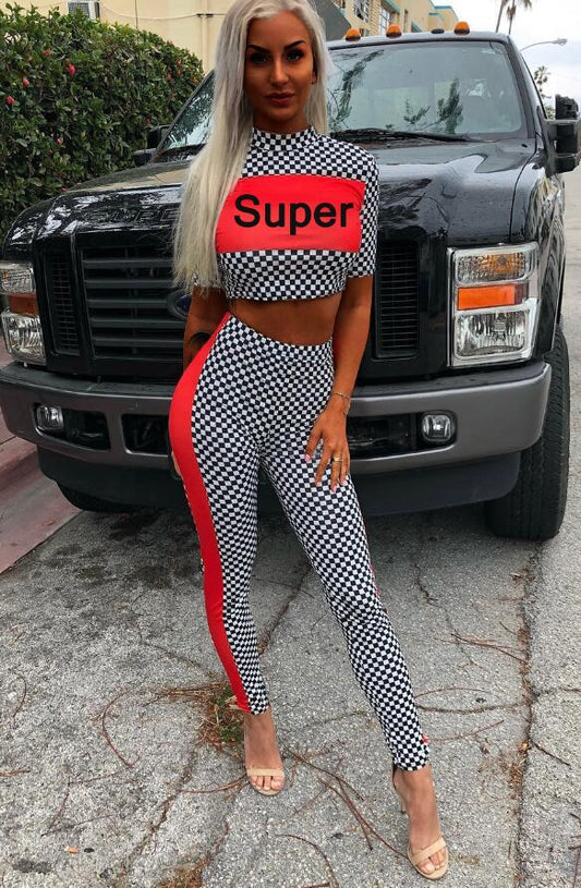 Mock Neck Crop Top and Contrast Tape Pants Set Athleisure 2 Piece Women Sets