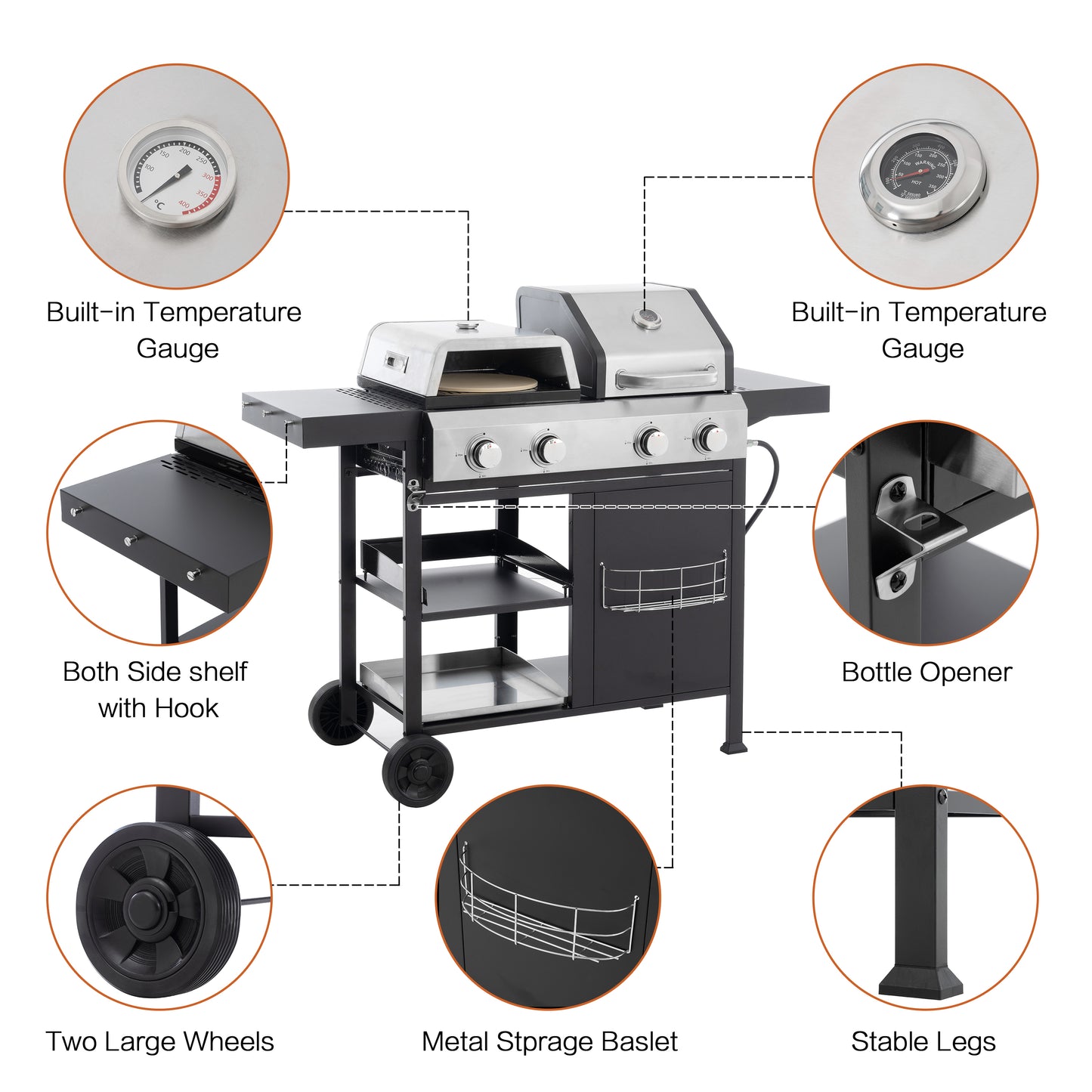Multi Function Burner Gas Grill Barbecue Frying Pizza Covered Combination