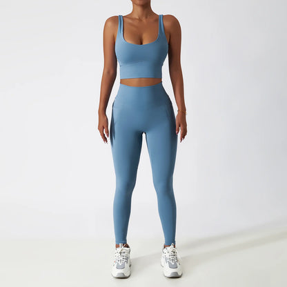 Premium Seamless Yoga Set - Ribbed White Two-Piece Fitness Outfit grey blue-3