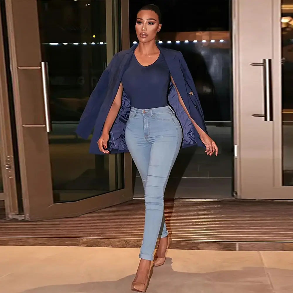 2023 New Stretch Skinny Denim Women’s Jeans Mid Waist Pants Blue Retro Washed Elastic Slim Pencil Trousers