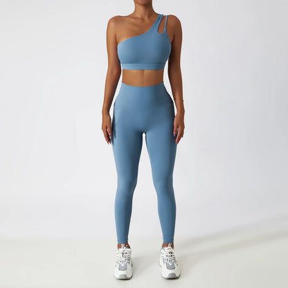 Premium Seamless Yoga Set - Ribbed White Two-Piece Fitness Outfit grey blue-1