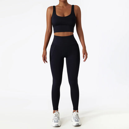 Premium Seamless Yoga Set - Ribbed White Two-Piece Fitness Outfit black-3
