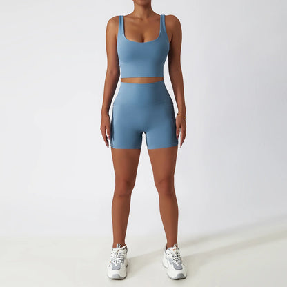 Premium Seamless Yoga Set - Ribbed White Two-Piece Fitness Outfit grey blue-4