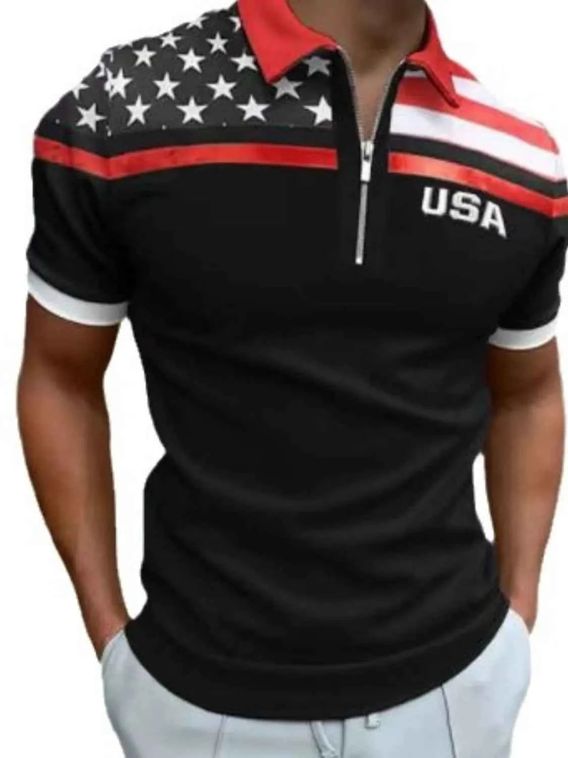 Men's Full Size Collared Neck Short Sleeve US Flag Polo Plus Size
