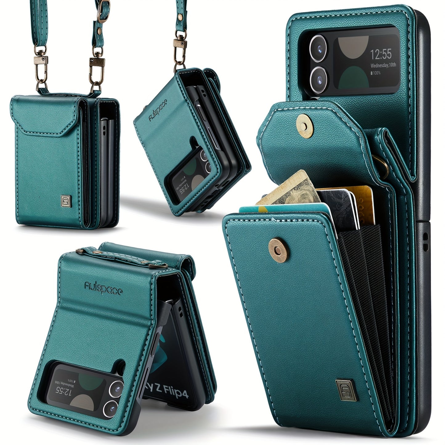 Crossbody Case for Samsung Galaxy Z Flip 3/4/5 - Vintage Faux Leather Strap, Magnetic Closure & Card Holder - Unisex Design in Black Green