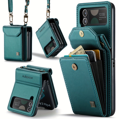 Crossbody Case for Samsung Galaxy Z Flip 3/4/5 - Vintage Faux Leather Strap, Magnetic Closure & Card Holder - Unisex Design in Black Green