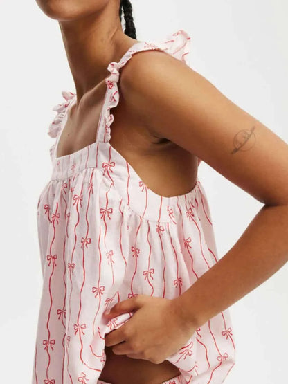 Bow Print Square Neck Cami and Shorts Set