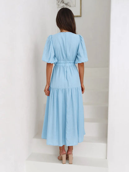 Surplice Half Puff Sleeve Midi Dress