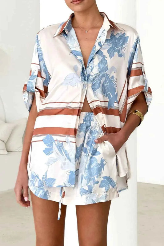 Printed Collared Neck Top and Shorts Set